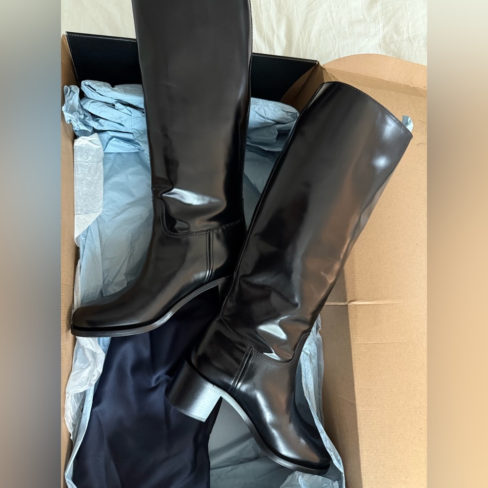 PRADA Spazzolato Metal Triangle Logo 55mm Riding Boots Size 39 Black New - Picture 8 of 12